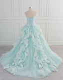 Niulatu Blue A-Line Strapless Tulle Lace Long Prom Dress Vintage Wedding Dress HZ1103