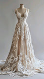 Niulatu Vintage A-Line Spaghetti Strap Lace Tulle Long Prom Dress Wedding Dress HZ1103