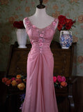 Niulatu Pink Retro Mermaid V-neck Chiffon Beaded Long Prom Dress Sweet Applique Birthday Dress HZ1103