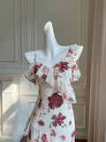 Niulatu ruffled halter dress with floral print HZ1103