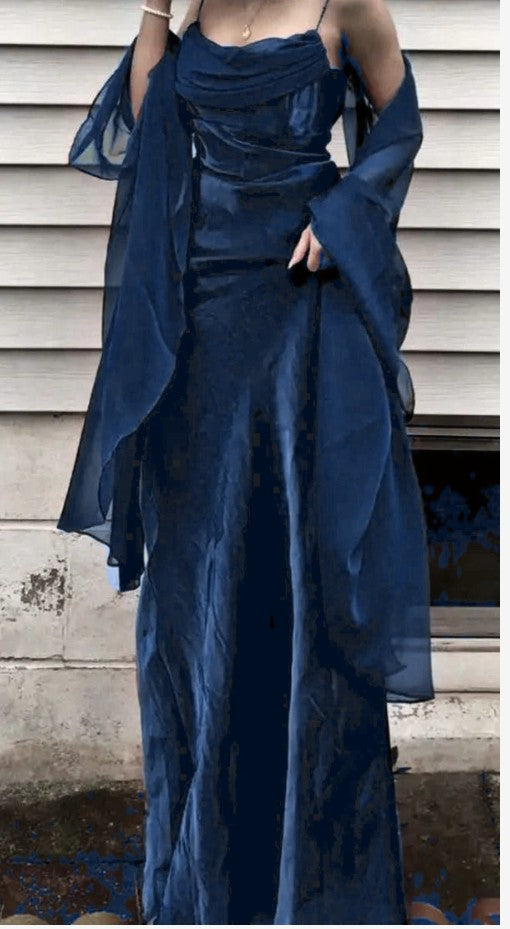 Niulatu Dark Green Prom Dress Spaghetti Strap Chiffon Evening Gown with Shawl HZ1103