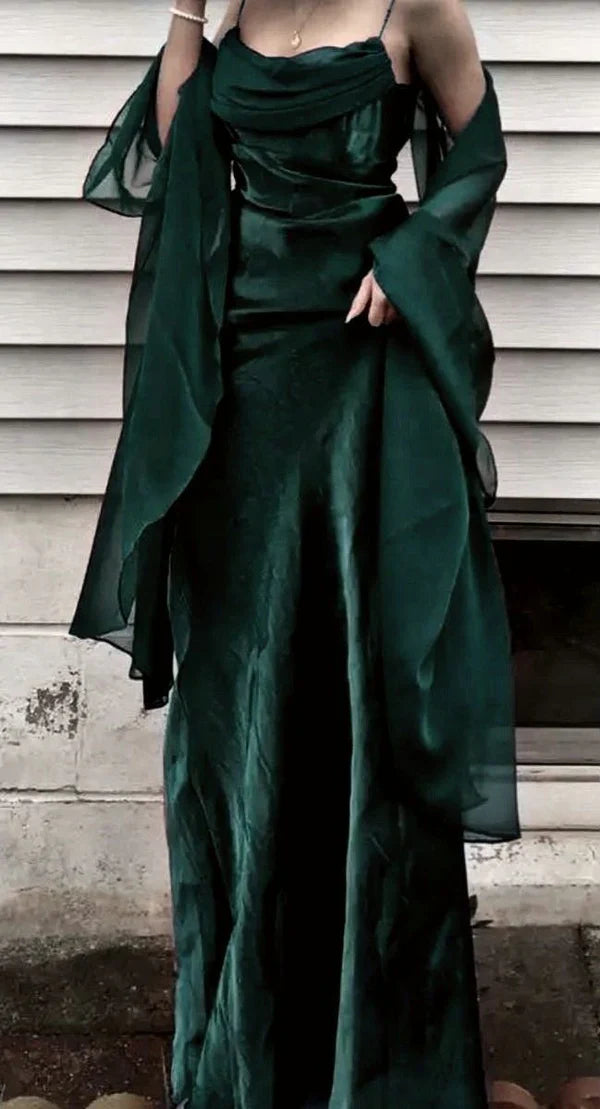 Niulatu Dark Green Prom Dress Spaghetti Strap Chiffon Evening Gown with Shawl HZ1103