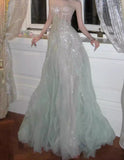Niulatu A-Line Sequined Tulle Strapless Long Prom Dress Adult Ceremony Prom Dress HZ1103