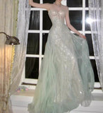 Niulatu A-Line Sequined Tulle Strapless Long Prom Dress Adult Ceremony Prom Dress HZ1103