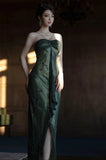Niulatu Forest Green Spaghetti Straps Long Prom Dresses Glitter Chiffon Beaded Elegant Party Dresses HZ1026
