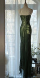 Niulatu Forest Green Spaghetti Straps Long Prom Dresses Glitter Chiffon Beaded Elegant Party Dresses HZ1026