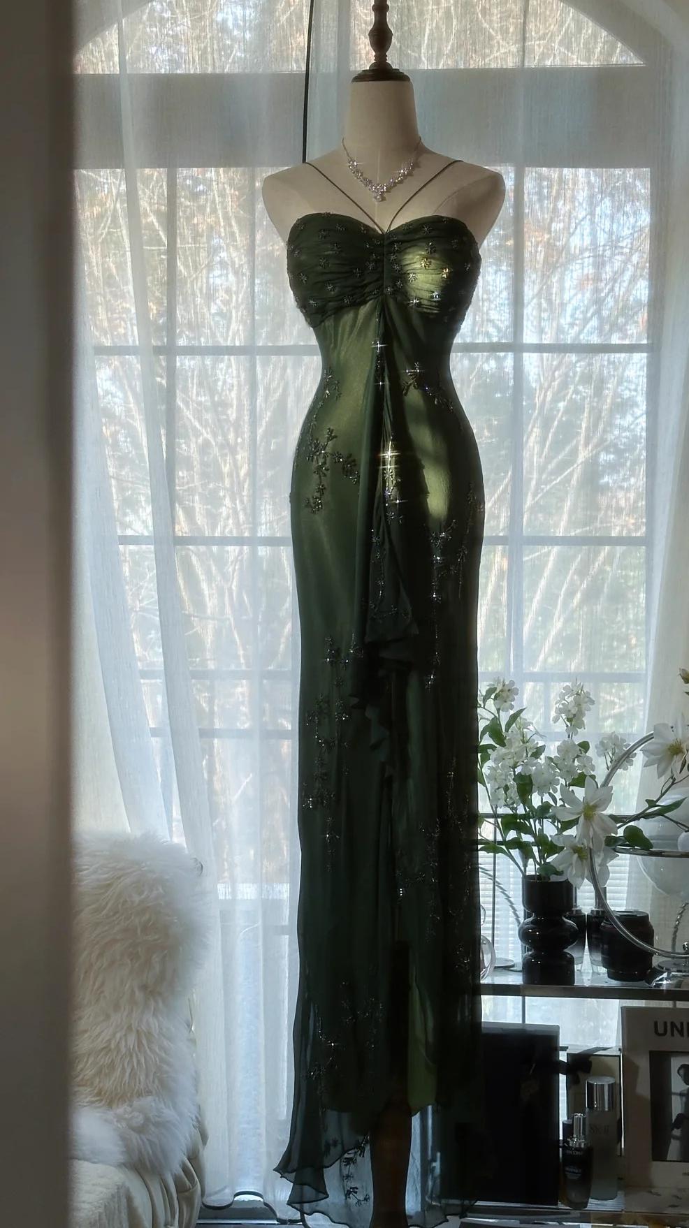 Niulatu Forest Green Spaghetti Straps Long Prom Dresses Glitter Chiffon Beaded Elegant Party Dresses HZ1026