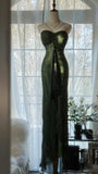 Niulatu Forest Green Spaghetti Straps Long Prom Dresses Glitter Chiffon Beaded Elegant Party Dresses HZ1026
