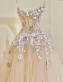 Niulatu Champagne A-Line Spaghetti Straps Tulle Applique Long Prom Dress Sweet Wedding Dress HZ1103