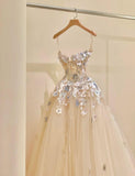 Niulatu Champagne A-Line Spaghetti Straps Tulle Applique Long Prom Dress Sweet Wedding Dress HZ1103