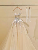 Niulatu Champagne A-Line Spaghetti Straps Tulle Applique Long Prom Dress Sweet Wedding Dress HZ1103