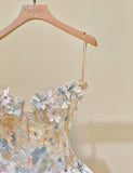 Niulatu Champagne A-Line Spaghetti Straps Tulle Applique Long Prom Dress Sweet Wedding Dress HZ1103