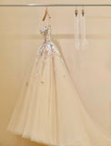 Niulatu Champagne A-Line Spaghetti Straps Tulle Applique Long Prom Dress Sweet Wedding Dress HZ1103