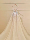 Niulatu Champagne A-Line Spaghetti Straps Tulle Applique Long Prom Dress Sweet Wedding Dress HZ1103