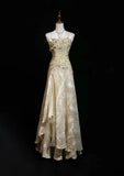 Niulatu A-Line Spaghetti Strap Satin Lace Long Prom Dress with Beaded Appliques HZ1103