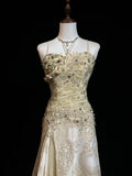 Niulatu A-Line Spaghetti Strap Satin Lace Long Prom Dress with Beaded Appliques HZ1103