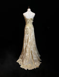 Niulatu A-Line Spaghetti Strap Satin Lace Long Prom Dress with Beaded Appliques HZ1103