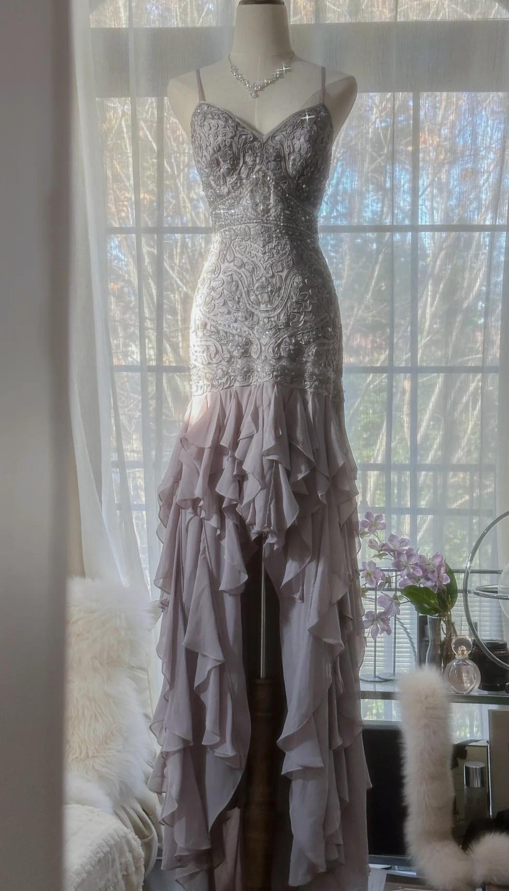 Niulatu Purple Spaghetti Strap Appliques Bodycon Open Back Evening Dresses Chiffon Sequin Long Prom Dresses HZ1026