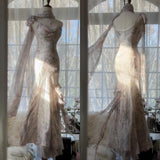 Niulatu Fairytale Pink Spaghetti Straps Mermaid Evening Gowns Vintage Elegant Beaded Silk Long Prom Dress Guest Dresses HZ1026