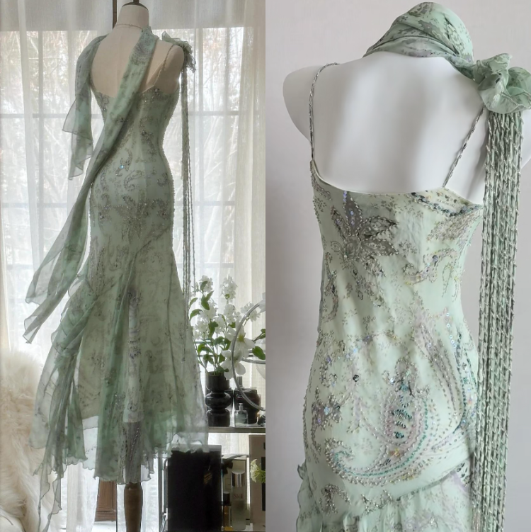 Niulatu Fairytale Pink Spaghetti Straps Mermaid Evening Gowns Vintage Elegant Beaded Silk Long Prom Dress Guest Dresses HZ1026