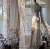 Niulatu Fairytale Pink Spaghetti Straps Mermaid Evening Gowns Vintage Elegant Beaded Silk Long Prom Dress Guest Dresses HZ1026