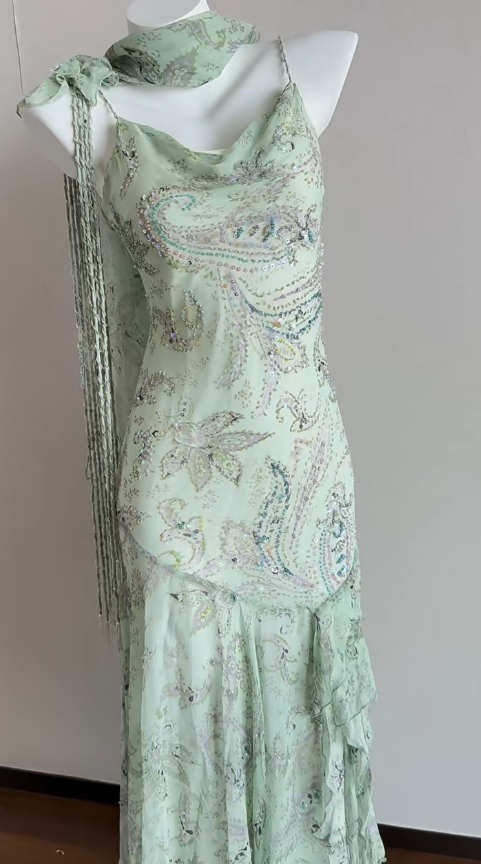 Niulatu Green Mermaid Formal Dresses Beaded Chiffon Open Back Long Prom Dresses Spaghetti Straps Guest Dresses HZ1103