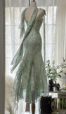Niulatu Green Mermaid Formal Dresses Beaded Chiffon Open Back Long Prom Dresses Spaghetti Straps Guest Dresses HZ1103