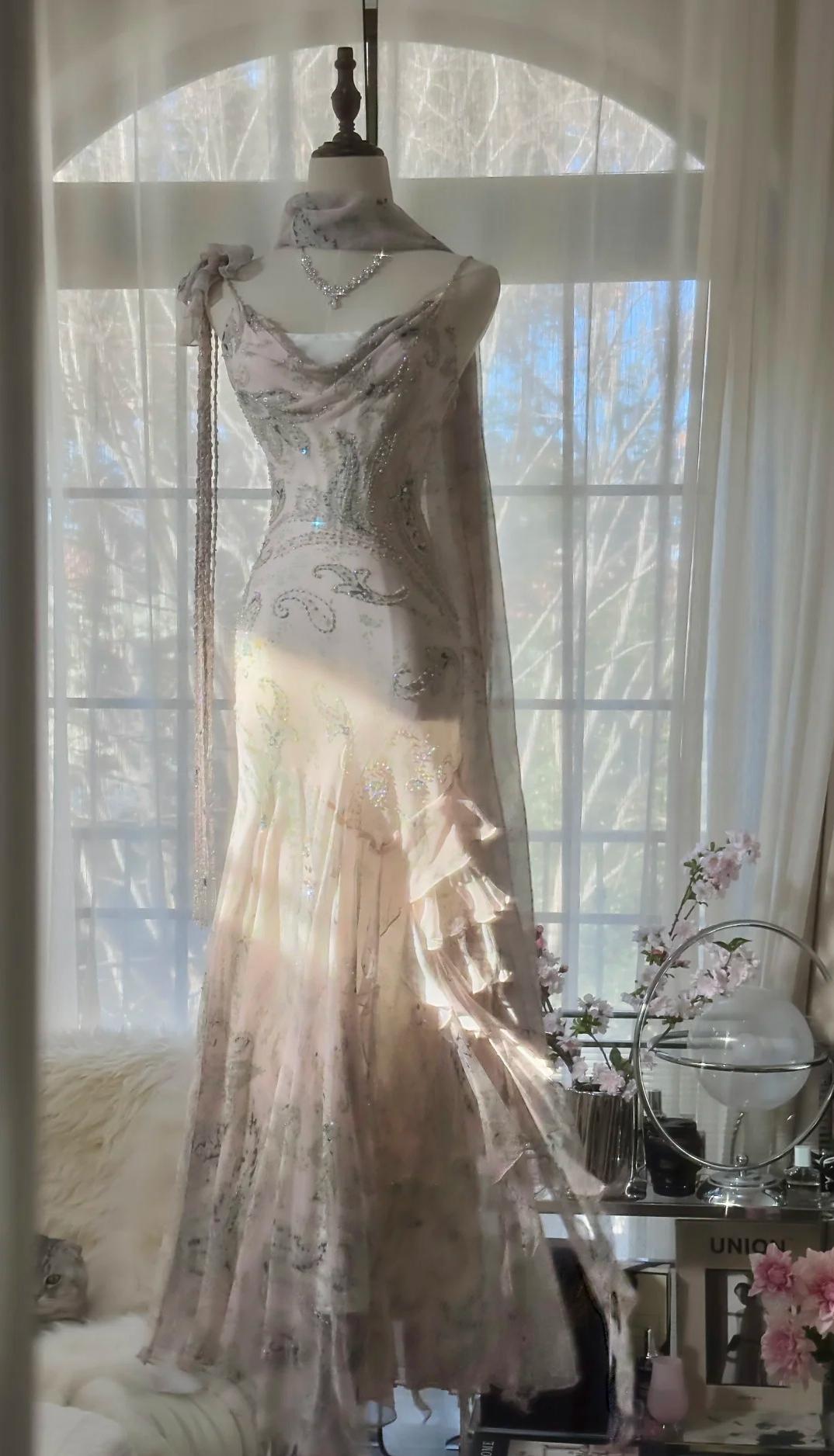 Niulatu Fairytale Pink Spaghetti Straps Mermaid Evening Gowns Vintage Elegant Beaded Silk Long Prom Dress Guest Dresses HZ1026