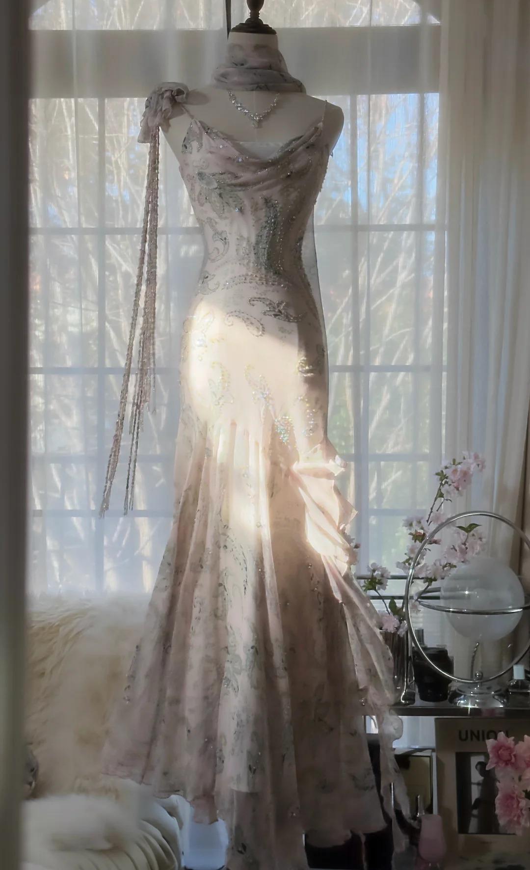 Niulatu Fairytale Pink Spaghetti Straps Mermaid Evening Gowns Vintage Elegant Beaded Silk Long Prom Dress Guest Dresses HZ1026