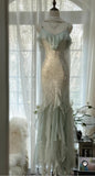 Niulatu Vintage Mint Green Chiffon Mermaid Beaded Long Prom Dresses Ruffled Fairytale Birthday Dresses HZ1026