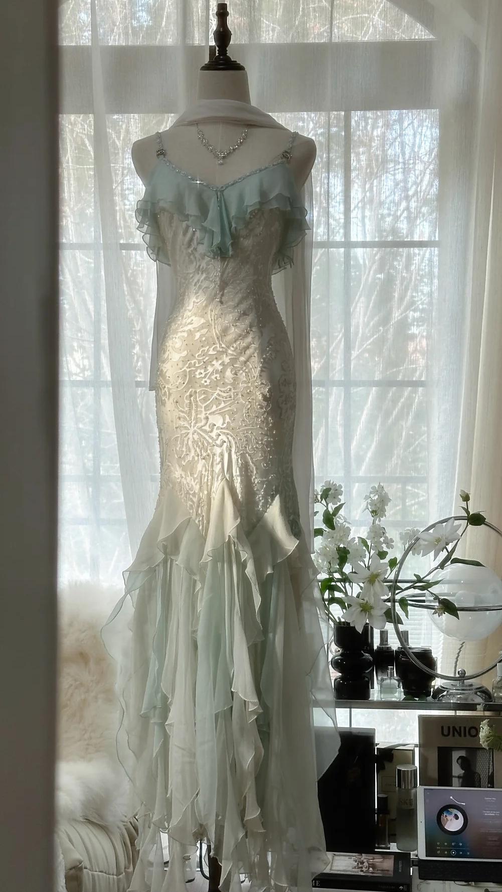 Niulatu Vintage Mint Green Chiffon Mermaid Beaded Long Prom Dresses Ruffled Fairytale Birthday Dresses HZ1026