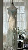 Niulatu Vintage Mint Green Chiffon Mermaid Beaded Long Prom Dresses Ruffled Fairytale Birthday Dresses HZ1026