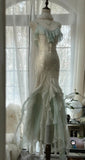 Niulatu Vintage Mint Green Chiffon Mermaid Beaded Long Prom Dresses Ruffled Fairytale Birthday Dresses HZ1026