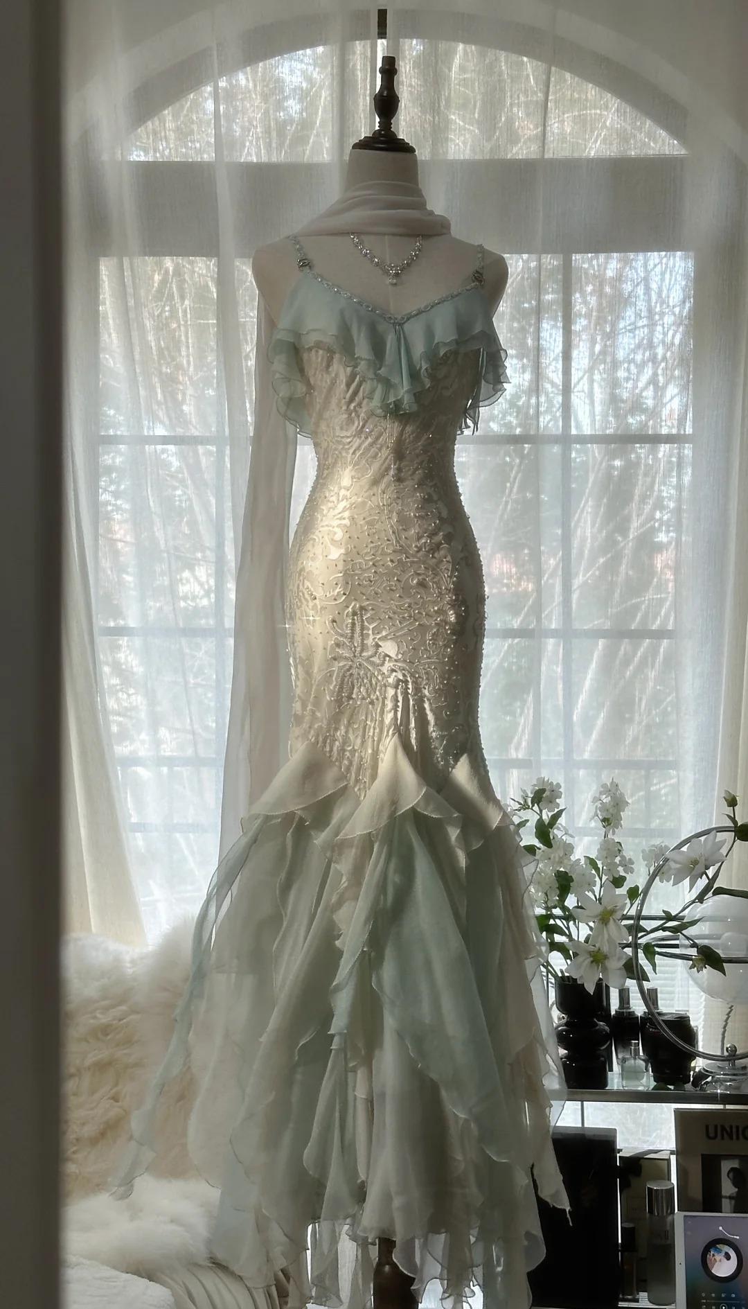 Niulatu Vintage Mint Green Chiffon Mermaid Beaded Long Prom Dresses Ruffled Fairytale Birthday Dresses HZ1026