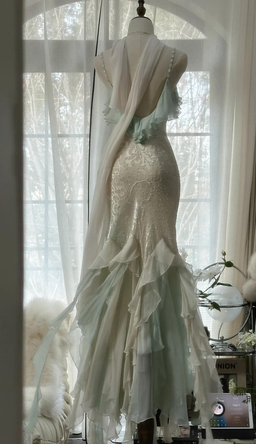 Niulatu Vintage Mint Green Chiffon Mermaid Beaded Long Prom Dresses Ruffled Fairytale Birthday Dresses HZ1026