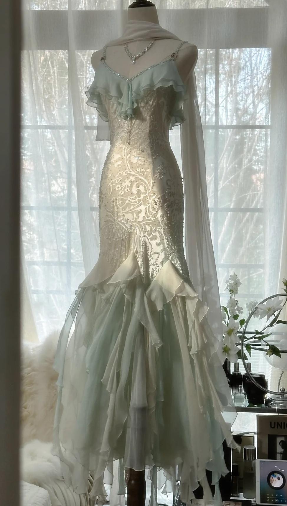 Niulatu Vintage Mint Green Chiffon Mermaid Beaded Long Prom Dresses Ruffled Fairytale Birthday Dresses HZ1026