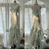 Niulatu Vintage Mint Green Chiffon Mermaid Beaded Long Prom Dresses Ruffled Fairytale Birthday Dresses HZ1026