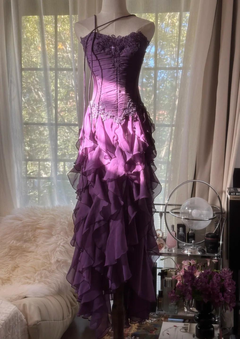 Niulatu ??Elegant Strapless Chiffon Applique Long Tiered Prom Dresses Backless Party Dresses HZ1026