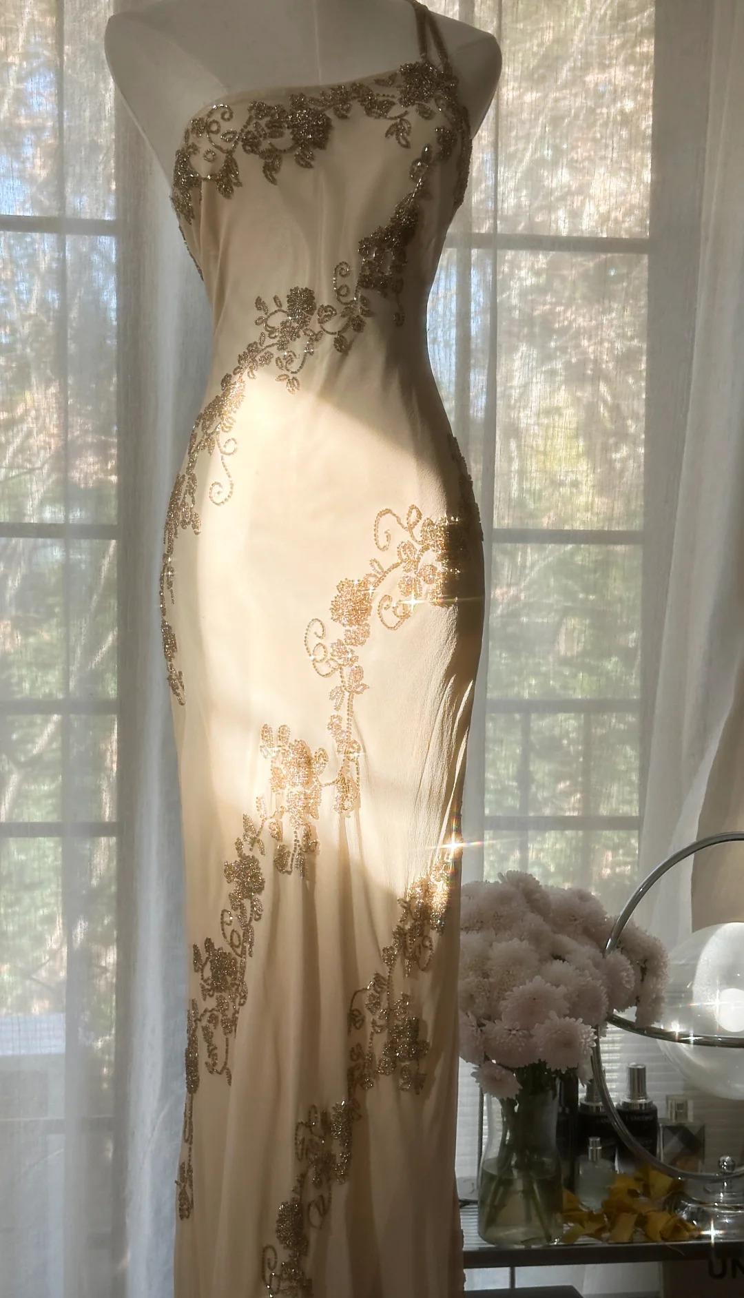 Niulatu Retro Chiffon Sheath Party Dress One Shoulder Beaded Long Prom Dress HZ1103