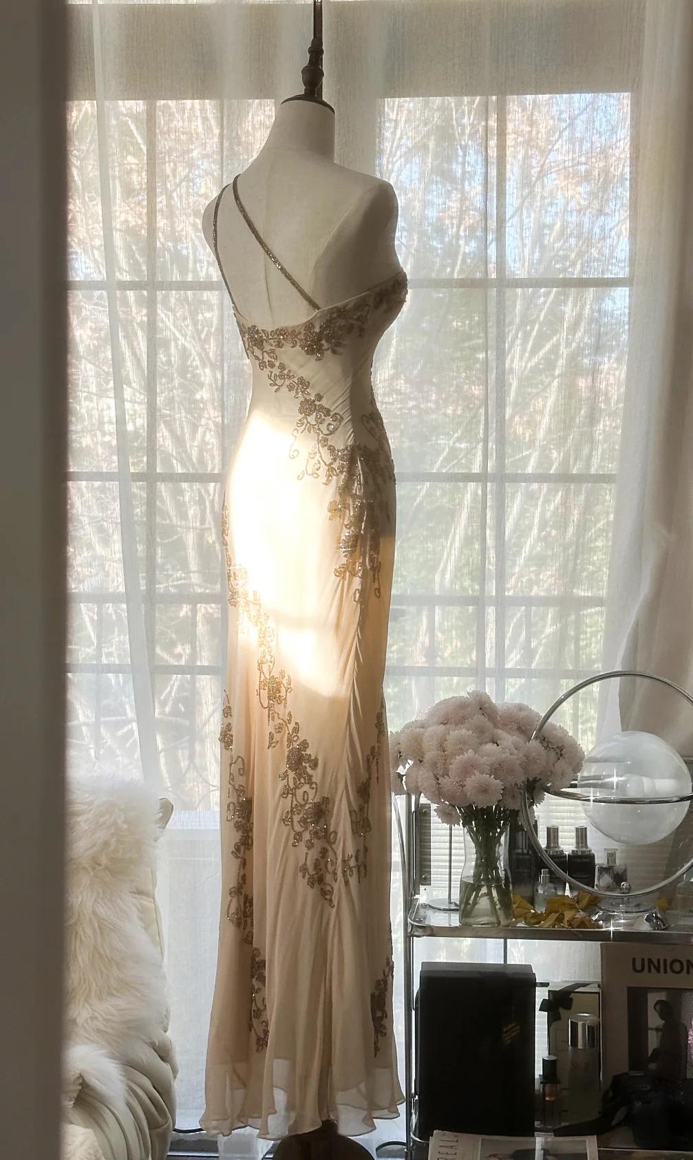 Niulatu Retro Chiffon Sheath Party Dress One Shoulder Beaded Long Prom Dress HZ1103