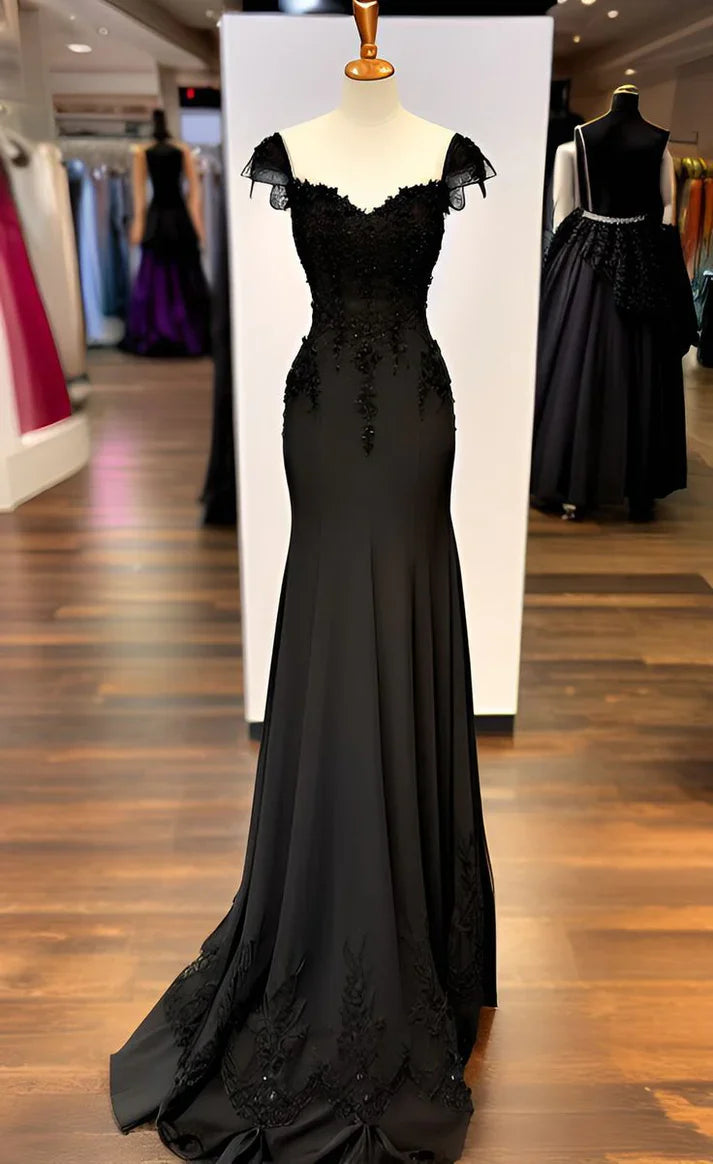Niulatu Black Mermaid Gown V Neck Chiffon Lace Prom Dress Evening Dress HZ1026