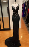 Niulatu Black Spaghetti Strap Mermaid Satin Prom Dresses Long Prom Dress HZ1103