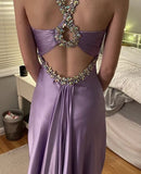 Niulatu Purple ??Satin Beaded Backless Long Prom Dress for Party&Birthday,Elegant Wedding Guest Outfits HZ1103