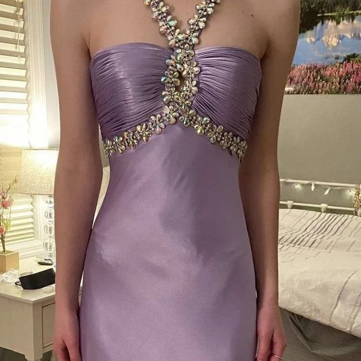 Niulatu Purple ??Satin Beaded Backless Long Prom Dress for Party&Birthday,Elegant Wedding Guest Outfits HZ1103