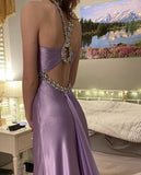 Niulatu Purple ??Satin Beaded Backless Long Prom Dress for Party&Birthday,Elegant Wedding Guest Outfits HZ1103