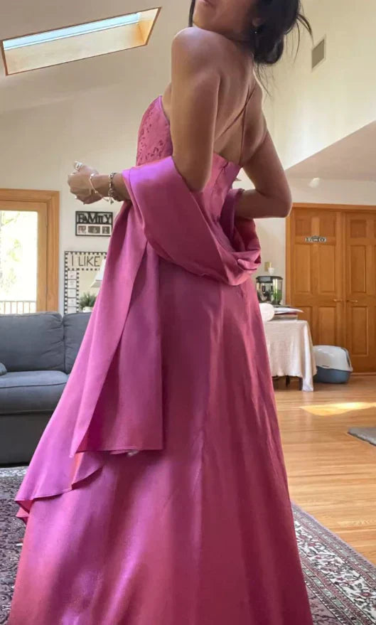 Niulatu Spaghetti Straps A-Line Fuchsia Beaded Satin Prom Dresses Gorgeous Wedding Guest Dresses with Shawl HZ1103