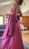 Niulatu Spaghetti Straps A-Line Fuchsia Beaded Satin Prom Dresses Gorgeous Wedding Guest Dresses with Shawl HZ1103