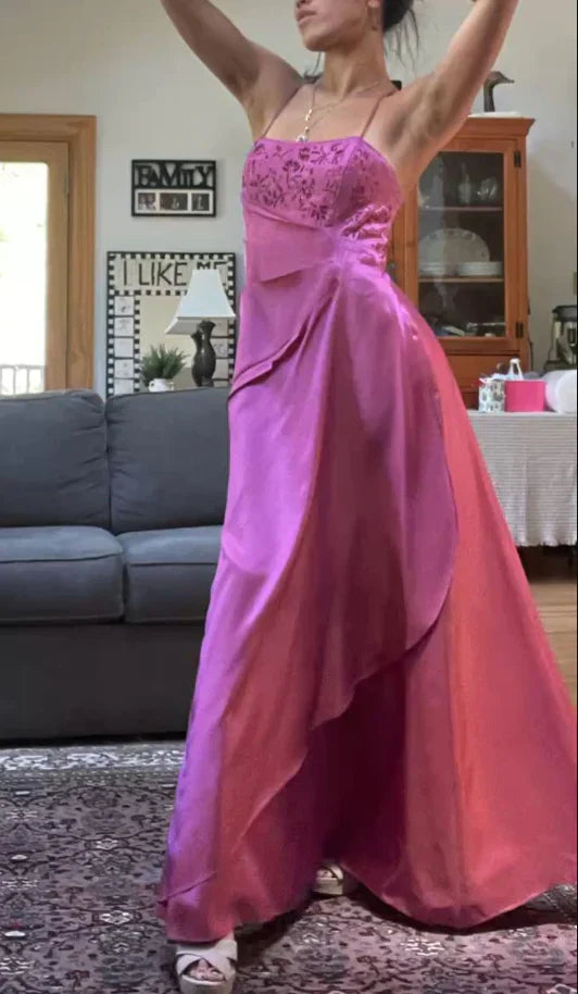 Niulatu Spaghetti Straps A-Line Fuchsia Beaded Satin Prom Dresses Gorgeous Wedding Guest Dresses with Shawl HZ1103