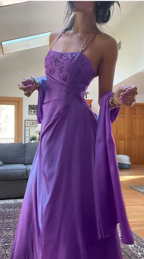 Niulatu Spaghetti Straps A-Line Fuchsia Beaded Satin Prom Dresses Gorgeous Wedding Guest Dresses with Shawl HZ1103