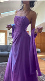 Niulatu Spaghetti Straps A-Line Fuchsia Beaded Satin Prom Dresses Gorgeous Wedding Guest Dresses with Shawl HZ1103